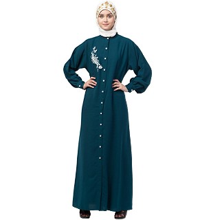 Front open abaya with side embroidery work- Teal